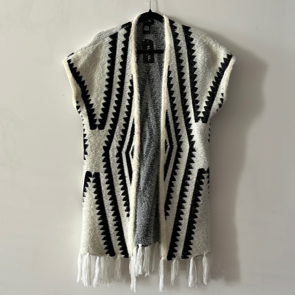 Marcus Adler Black & White Aztec Fringe Vest Cardigan OSFM Open Front NWT